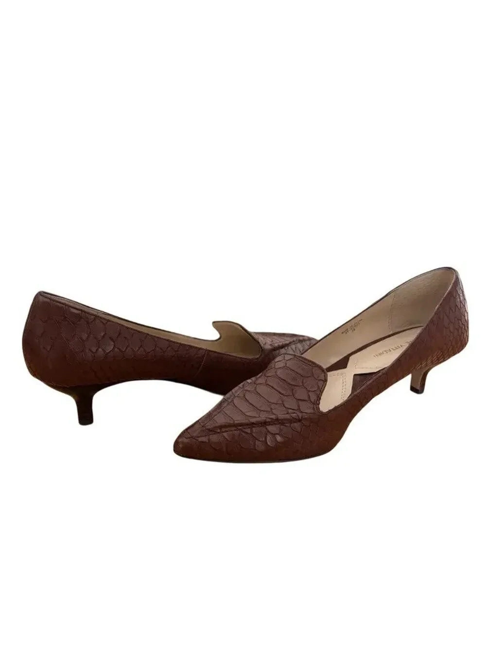 ADRIENNE VITTADINI Croc Embossed Pointed Toe Leather Kitten Heels Cognac SZ 8.5